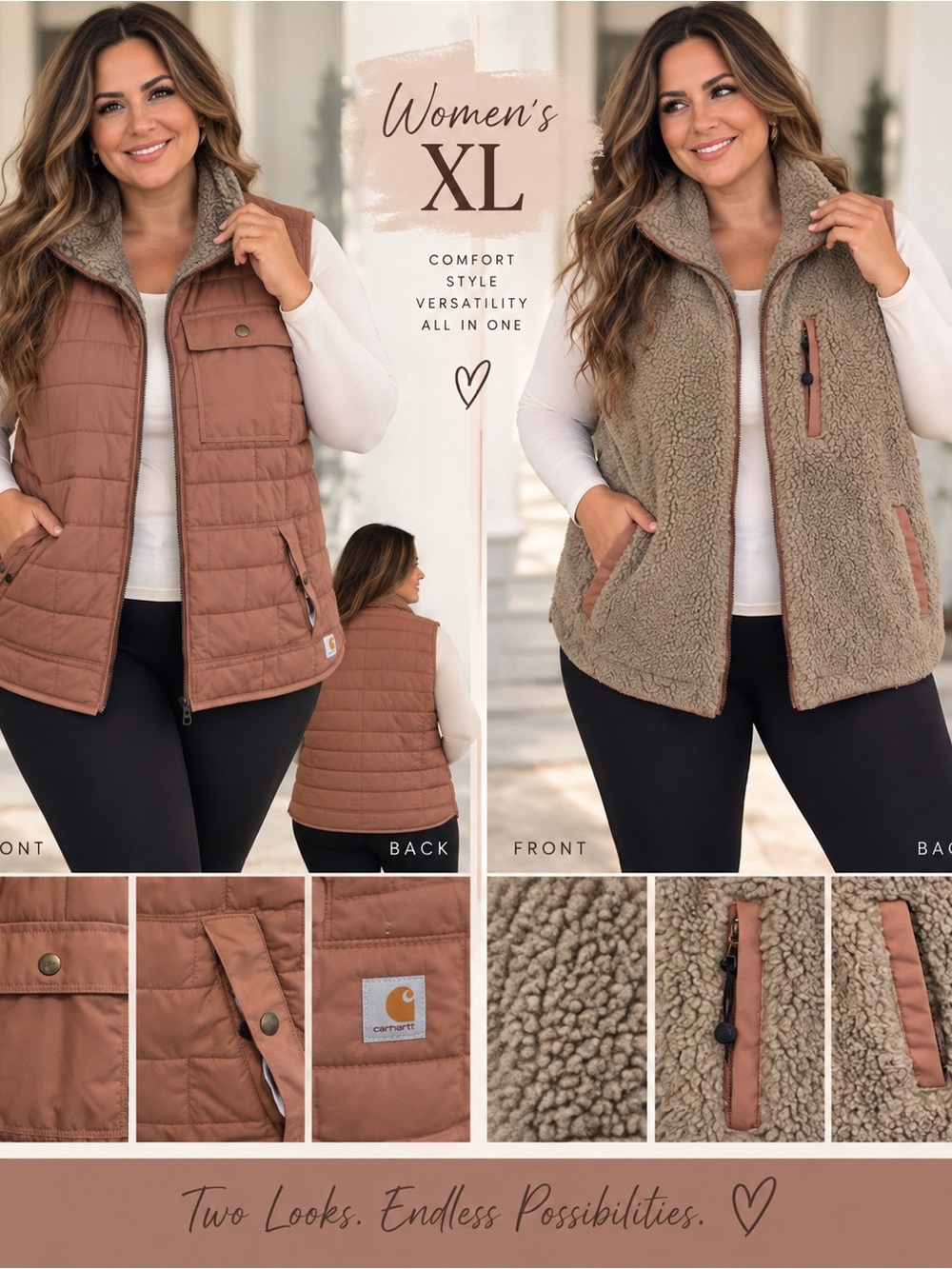 Carhartt Women’s Reversible Vest in Brown and Taupe